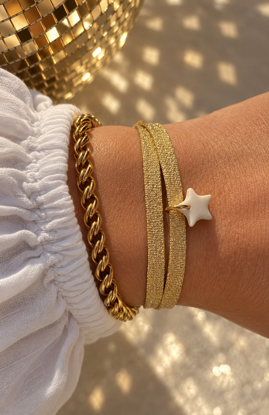 Bracelet tissu doré, pendentif étoile en céramique