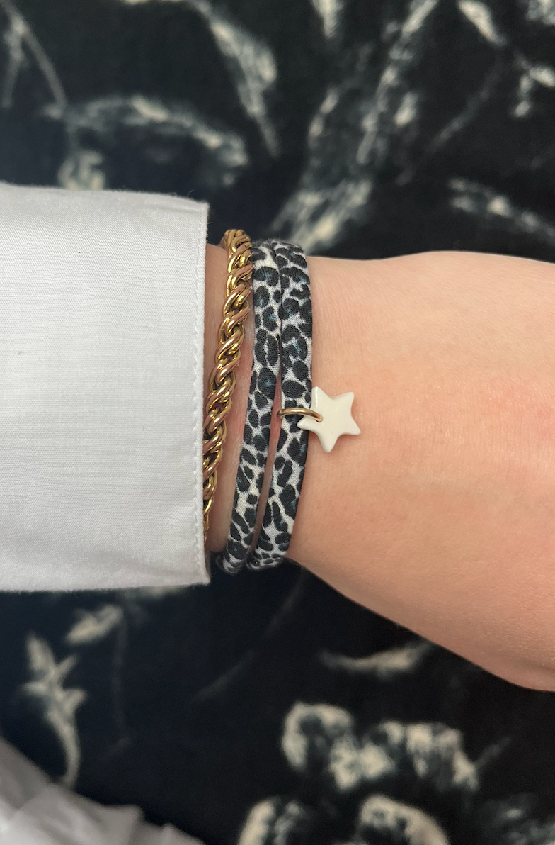 Bracelet tissu Léopard étoile blanche