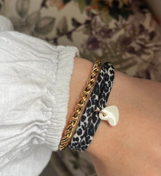 Bracelet tissu Léopard coeur blanc