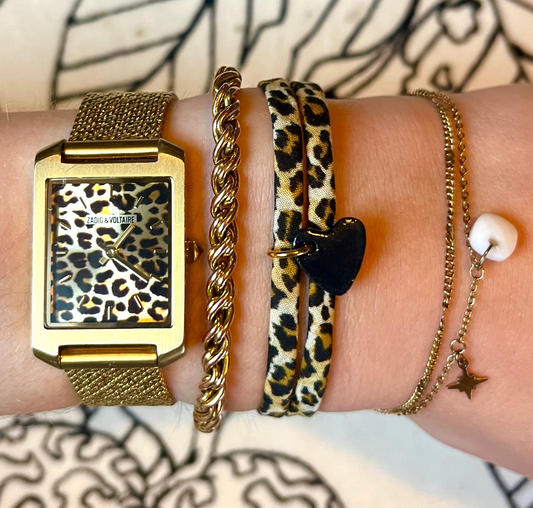 Bracelet tissu Léopard coeur noir